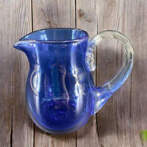Hand Blown Cobalt Blue Creamer Pitcher With Long Clear Handle Hand Made Glass